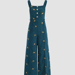 Cider Blue Corduroy Jumpsuit with Yellow Floral Embroidery